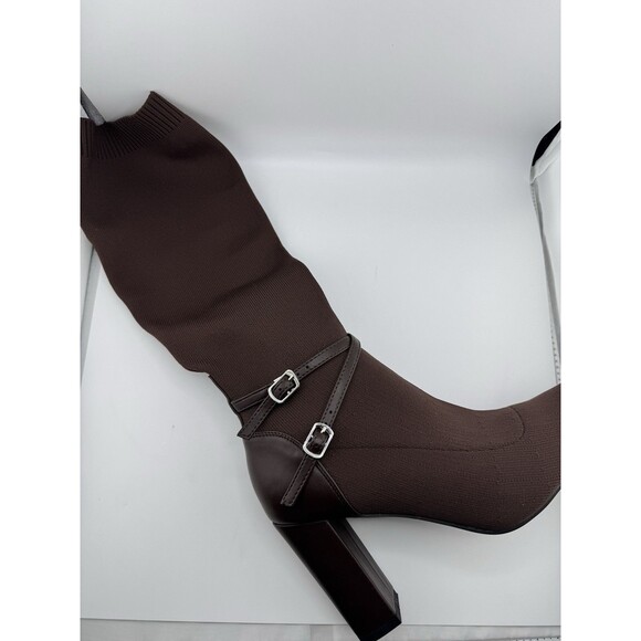 MOUSSE FIT Women's Strap Decor Heeled High Boots Brown 6.5 - Picture 6 of 12